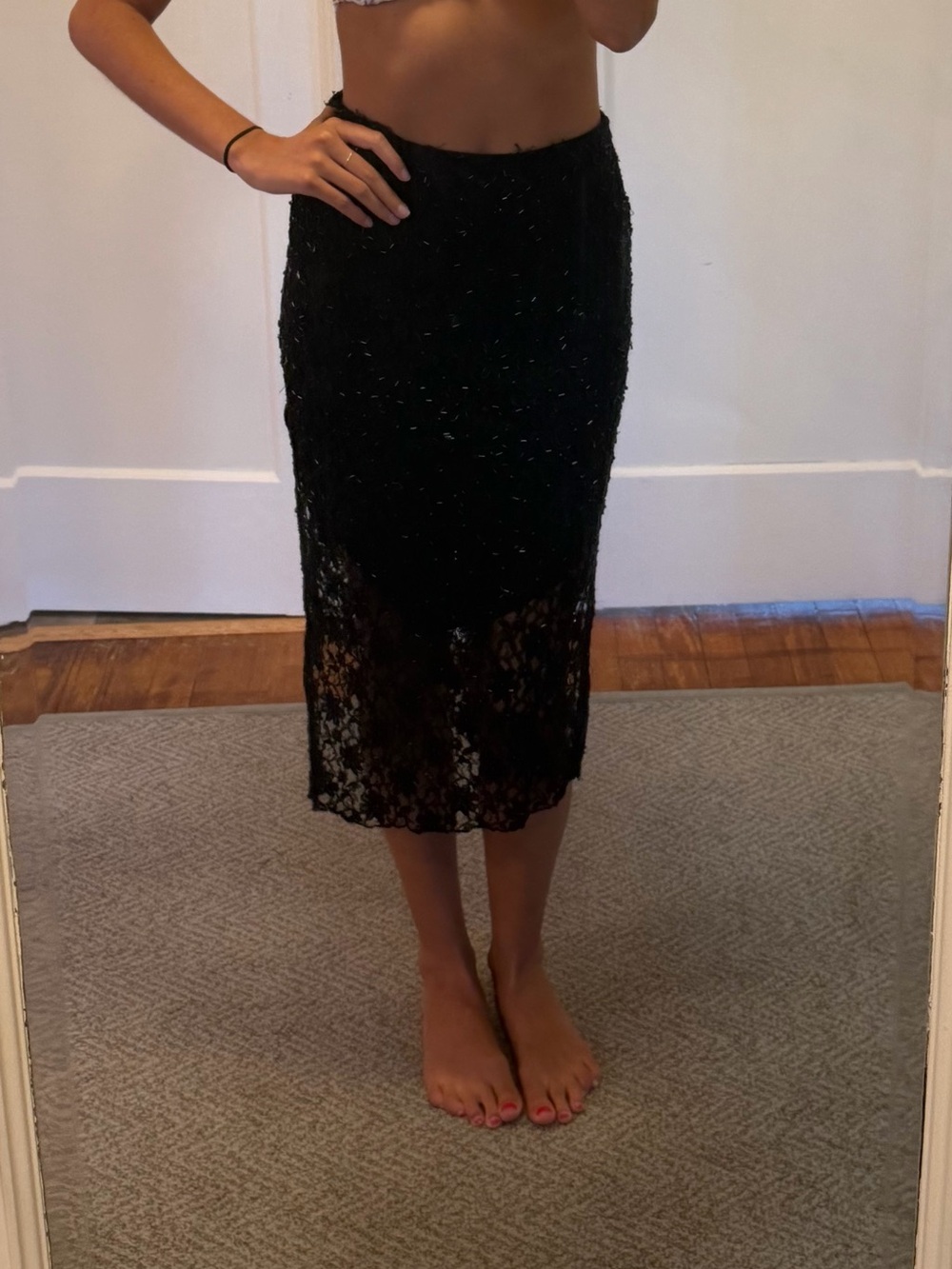 Vintage Black Lace beaded Midi Skirt